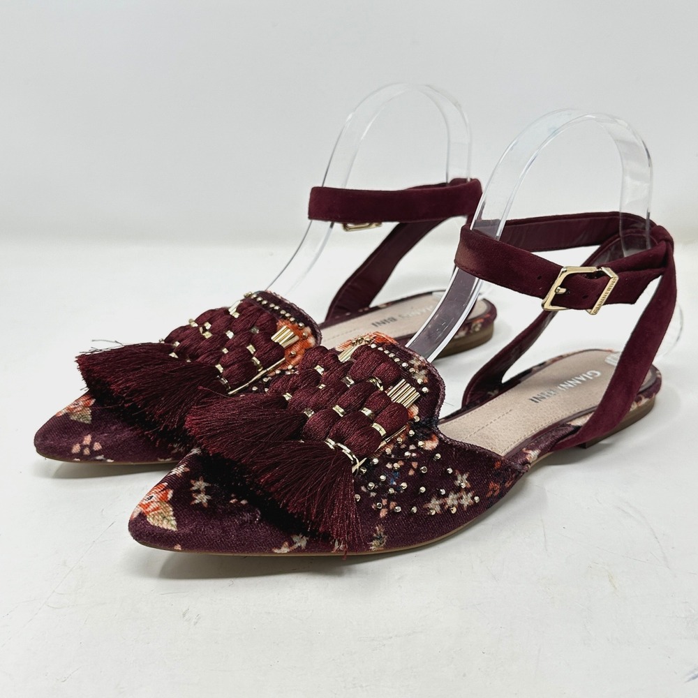 Gianni Bini Burgundy Floral Velvet Tassel Ankle Strap Pointed Toe Flats Size 8M